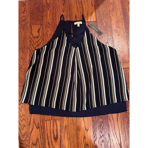 NWT Monteau Los Angeles Womens XL Tank Cami Blouse Navy White Criss Cross New - Picture 3 of 9